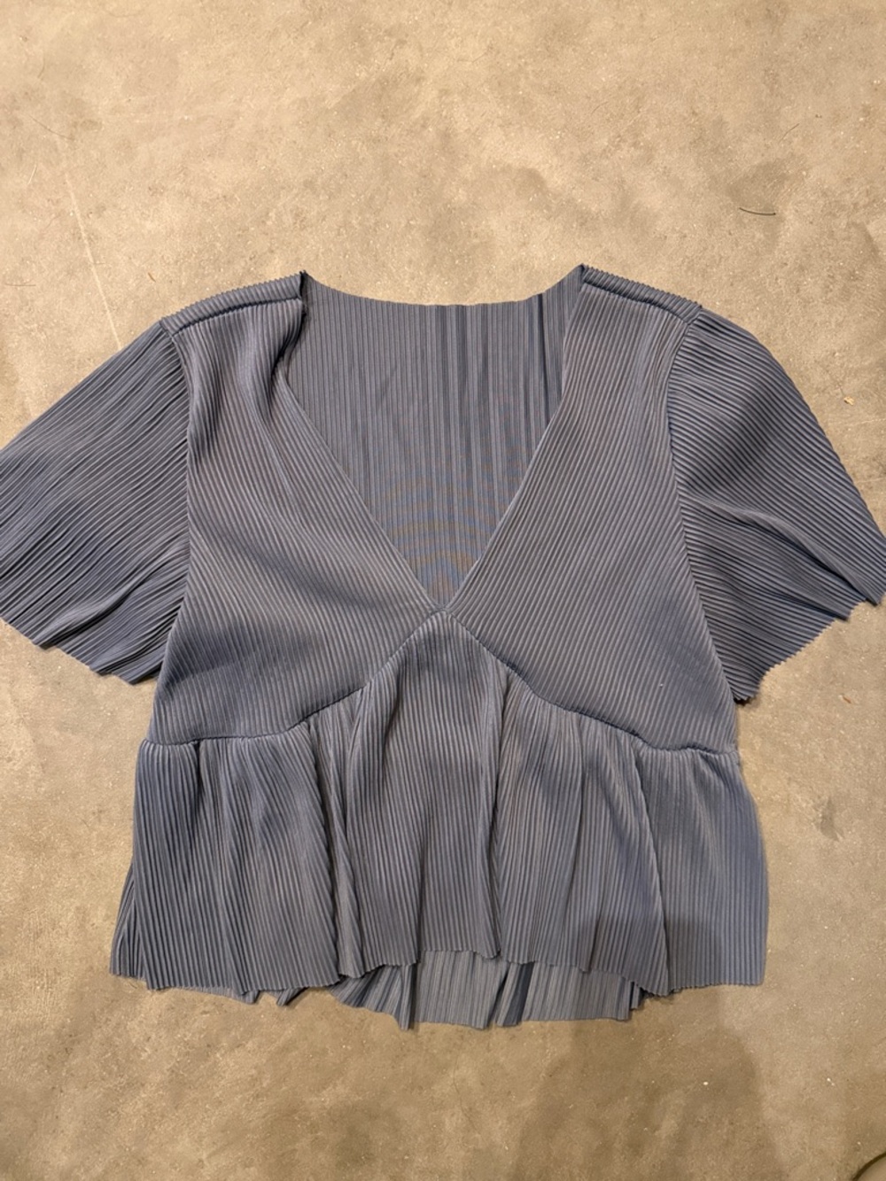 SHEIN Slate Blue Pleated V-Neck Short Sleeve Blouse